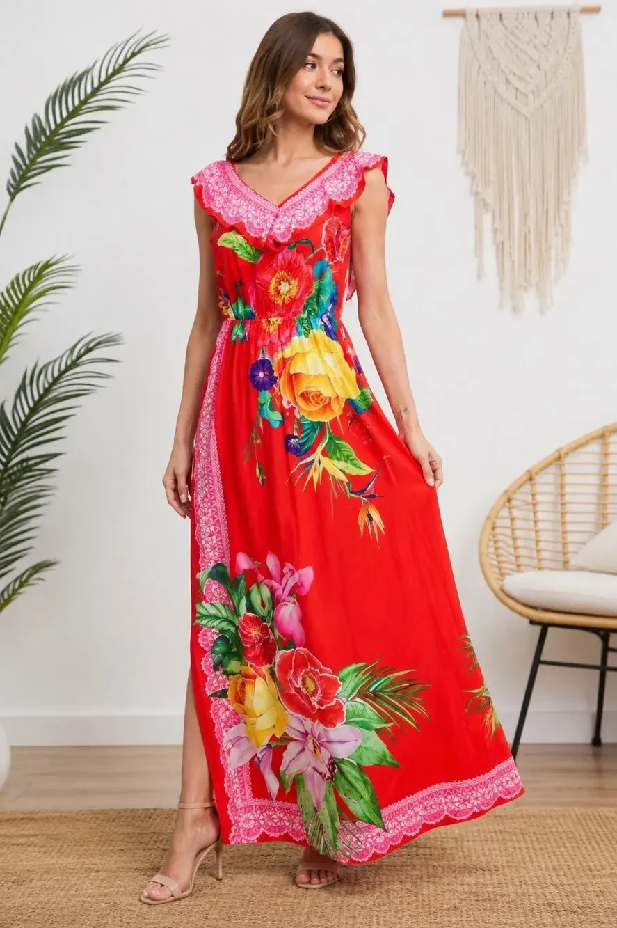 Luxmi Boutique Red Floral Maxi Dress Size Large Ruffle V-Neck Tropical Boho